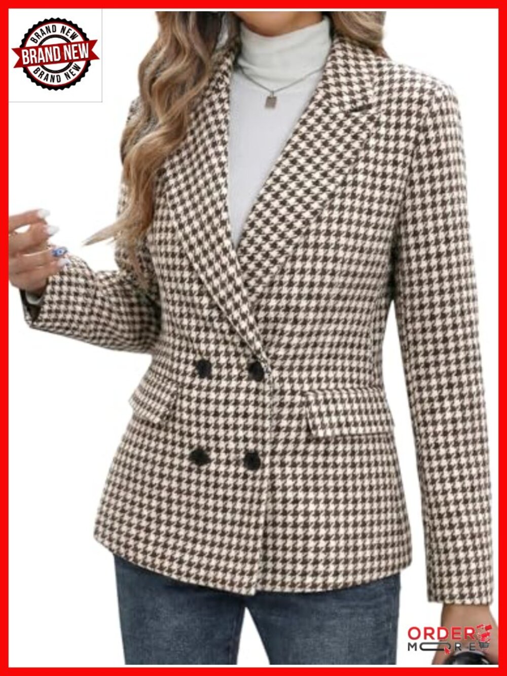 Tweed Houndstooth Blazer Jacket - Plaid Fully-Lined Double-Breasted Casual Work - Picture 2 of 6